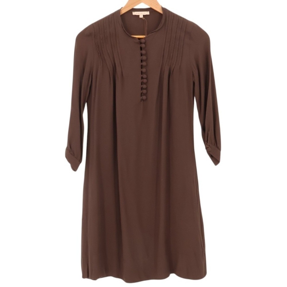 Sandro Pleated Button Shift Dress Size US 4 Brown Parisian Pockets Minimalist